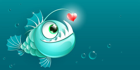 Funny cartoon anglerfish with heart lure.