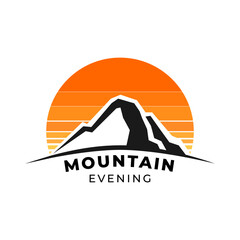 Fototapeta na wymiar logo for adventurer, hut on the mountain, mountain. The logo is made up of an image of a mountain with an image of the sun behind it.