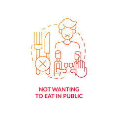Not wanting to eat in public red gradient concept icon. Meal avoiding. Deipnophobia abstract idea thin line illustration. Isolated outline drawing. Roboto-Medium, Myriad Pro-Bold fonts used