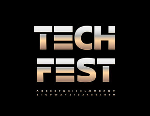Vector industrial style poster Tech Fest. Iron Alphabet Letters and Numbers set. Matt Chrome Font