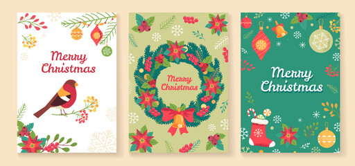 Colorful Christmas greeting cards vector illustration. Cute bird, wreath and Christmas wreath decoration