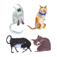 Cartoon cat characters collection. Different cat s poses, yoga and emotions set. Flat color simple style design. Vector illustration