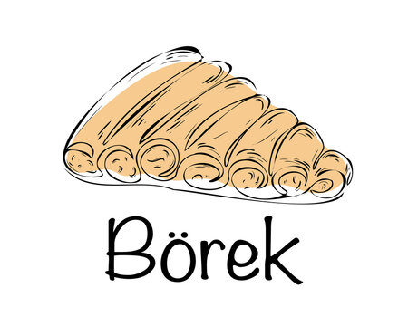Turkish dish borek. Burek, pide, lavash. Traditional authentic Turkish cuisine. Doodle. Hand drawn. Vector illustration