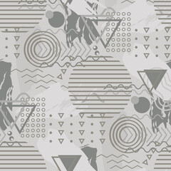 Abstract Memphis style vector seamless pattern. 80s hipster design background. Modern backdrop with scattered circles, zigzag, wave, triangles, lines and paint shapes. Neutral repeat for packaging