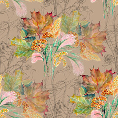 Watercolor autumn leaves on graphic plants background.  Autumn seamless pattern.