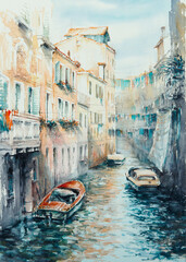 Canal of Venice, Italy. Watercolor landscape original painting multicolored on paper, illustration landmark of the world.
