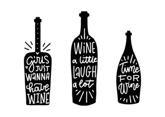 Typography set of wine bottle silhouettes with lettering quotes. Vector handwriting illustration designed for advertising bar or pub menu, prints, poster, banner and labels creations