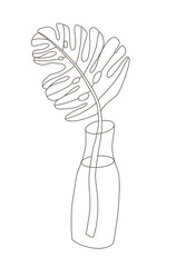 Glass vase with palm branch. Modern lineart illustration on white background