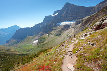 Matahpi Peak and valley below viewed from Siyeh Pass hiking trail, Glacier National Park, Montana....