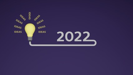 Bright light bulb with text idea around as shining ray concept of new idea creating for 2022 3D rendering illustration