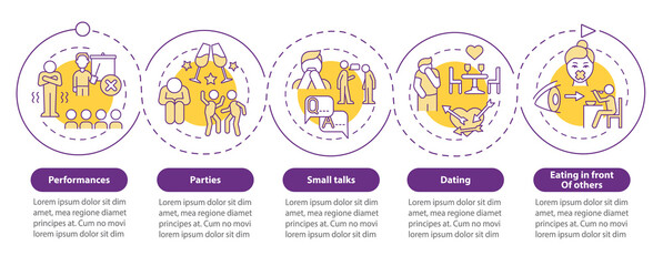 Common anxiety triggers purple circle infographic template. Data visualization with 5 steps. Process timeline info chart. Workflow layout with line icons. Myriad Pro-Bold, Regular fonts used