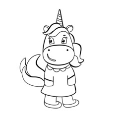 Funny unicorn coloring book. Cute cartoon pony character in black and white style. For postcards, posters, book illustrations. Vector illustration in doodle style.