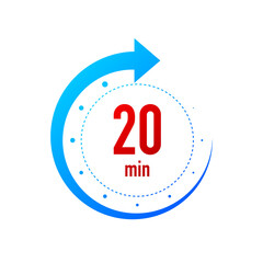 20 minute clocks arrows. Work time effect or delivery service time icons. White background. Vector illustration.