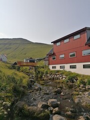 Fototapeta na wymiar The cute and cozy old historical houses of the Faroe Islands with grass on the roof