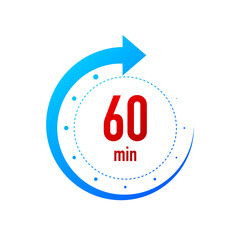 60 minute clocks arrows. Work time effect or delivery service time icons. White background. Vector illustration.