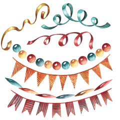 Watercolor set with Christmas illustrations on white background. Collection of Christmas tree decorations, snowmen, birds, gifts, sled, stars and snowflake, garland and beads