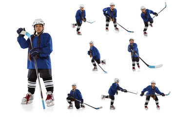 Collage of teen girl, professional hockey player in blue protective uniform training isolated over...