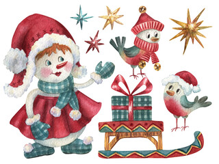 Watercolor set with Christmas illustrations on white background. Collection of Christmas tree decorations, snowmen, birds, gifts, sled, stars and snowflake, garland and beads