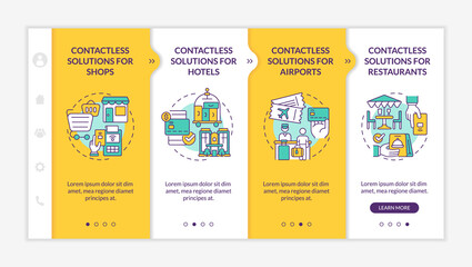 Contactless solutions for public places yellow onboarding template. Responsive mobile website with linear concept icons. Web page walkthrough 4 step screens. Lato-Bold, Regular fonts used