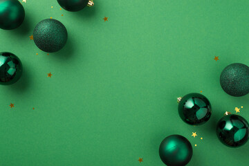 Top view photo of green christmas tree balls golden star shaped confetti and sequins on isolated...