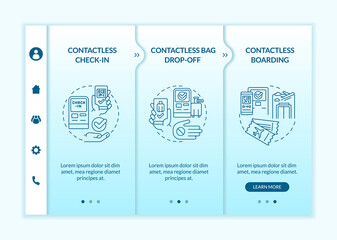 Fototapeta na wymiar Contactless technology for travelling turquoise gradient onboarding template. Responsive mobile website with linear concept icons. Web page walkthrough 3 step screens. Lato-Bold, Regular fonts used
