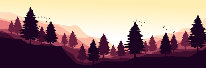 sunrise forest silhouette landscape vector illustration good for wallpaper, backdrop, background, web banner, and design template	