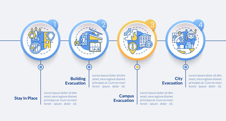 Evacuation types circle infographic template. Emergency. Data visualization with 4 steps. Process timeline info chart. Workflow layout with line icons. Lato-Bold, Lato Regular fonts used © bsd studio