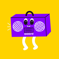 Vector illustration of abstract funny boombox character. Contemporary comic doodle radio smiling. Colorful retro cassette player for print, poster, card, collage design