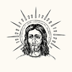 Jesus Christ Icon with nimb. Ink black and white doodle drawing in woodcut style with inscription.