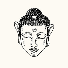 Buddah face. Ink black and white doodle drawing in woodcut style with inscription.