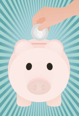 Fototapeta premium Hand put USD coin in piggybank. vector
