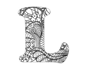 Alphabet mandala pattern, Mandala Style Letters L, Alphabet letter coloring book for adults vector illustration