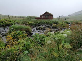 Fototapeta na wymiar Cozy little mountain house by a stream in the green lush hills of the Faroe Islands
