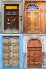 four wooden doors with a beautiful decorative finish in the historical part of various European cities