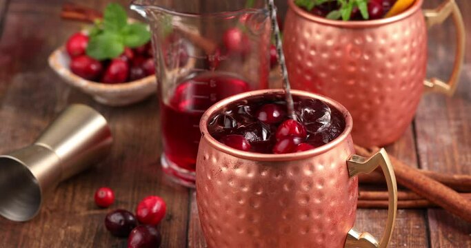 Making Cranberry orange Moscow mule in traditional copper mug, winter or Christmas cocktail