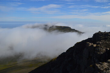 The view from the green mountains over the Faroe Islands and the Atlantic Sea