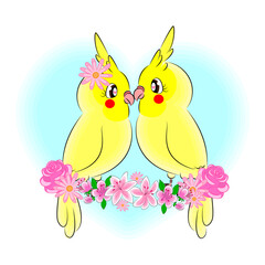 Parrots cute couple for Valentines Day print on textiles on a t-shirt for gift wrapping for decorating greeting cards and childrens room wallpaper invitation poster Vector illustration
