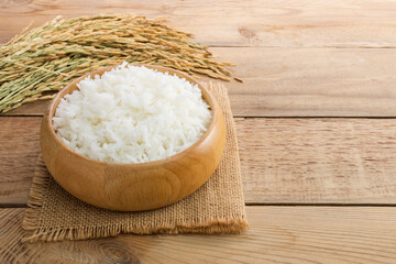 Close-up of white rice or jasmine rice in a wooden bowl
