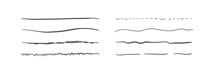 Set of wavy horizontal lines. Marker hand drawn line border set and doodle design. Hand drawn grunge brush strokes