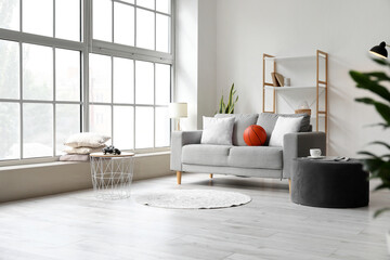 Interior of light room with sofa, pouf and shelf unit