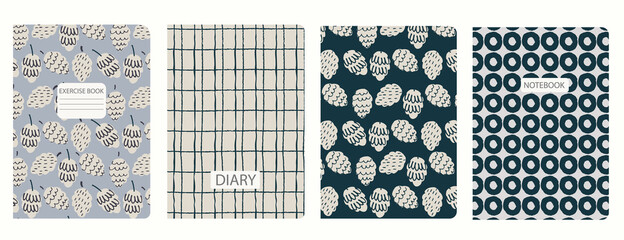 Set of cover page templates based on patterns with fir cones, plaid, abstract circles. Blue, Beige-colored, pastel backgrounds for notebooks, notepads, diaries, planner. Headers isolated, replaceable