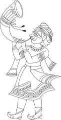 Indian wedding trumpet player were drawn in Indian folk art, Kalamkari style. for textile printing, logo, wallpaper
