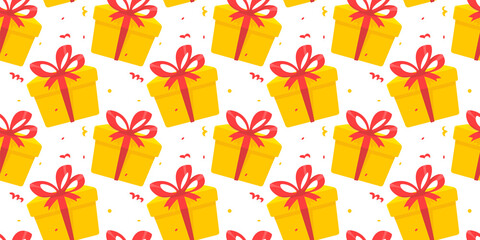 Vector illustration of many yellow gift box with red bow on white color background. Flat style design of holiday seamless pattern with present