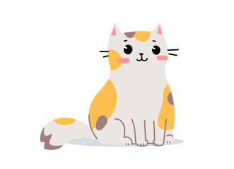 Vector illustration of happy cute spotted cat character on white color background. Flat line art style design of sitting animal cat
