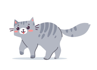 Fototapeta na wymiar Vector illustration of happy cute striped gray cat character on white color background. Flat line art style design of walking animal cat