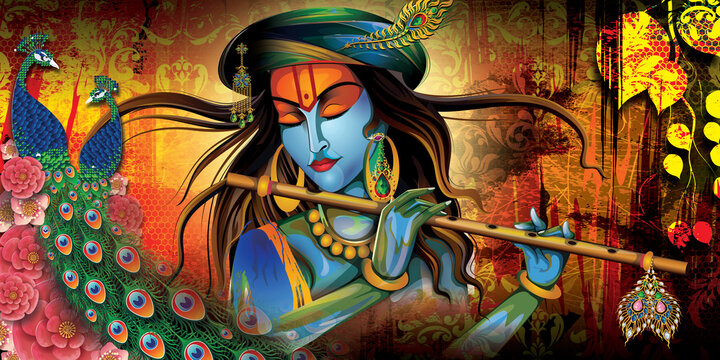 Lord Krishna with colorful background wallpaper , God Krishna poster design for wallpaper, 40 x20 Poster