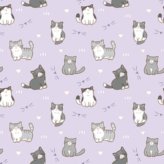 Seamless Pattern with Cartoon Cat Illustration Design on Light Violet Background