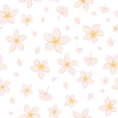 Jasmine floral vector seamless pattern background. Line art hand drawn flower heads, blossom, petals. Pink white backdrop.Botanical repeat for medicinal healing plant. All over print for wellness