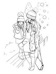 Mother and daughter on the background of a Christmas tree. A woman and a girl in winter clothes. Christmas Sketch