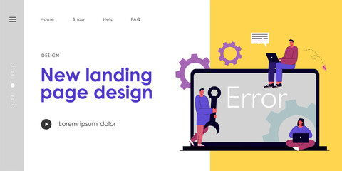 Tiny people repairing computer. Team of programmers looking for bug. The technician hold screwdriver for repairing the computer. Concept of computer hardware, upgrade and technology.